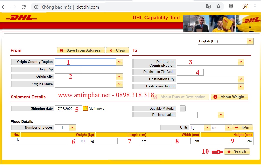 hướng dẫn xem cước phí khi gửi hàng DHL EXPRESS